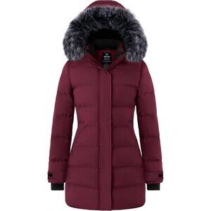Women's Wine Red Long Quilted Winter Coat Puffer Jacket With Hood